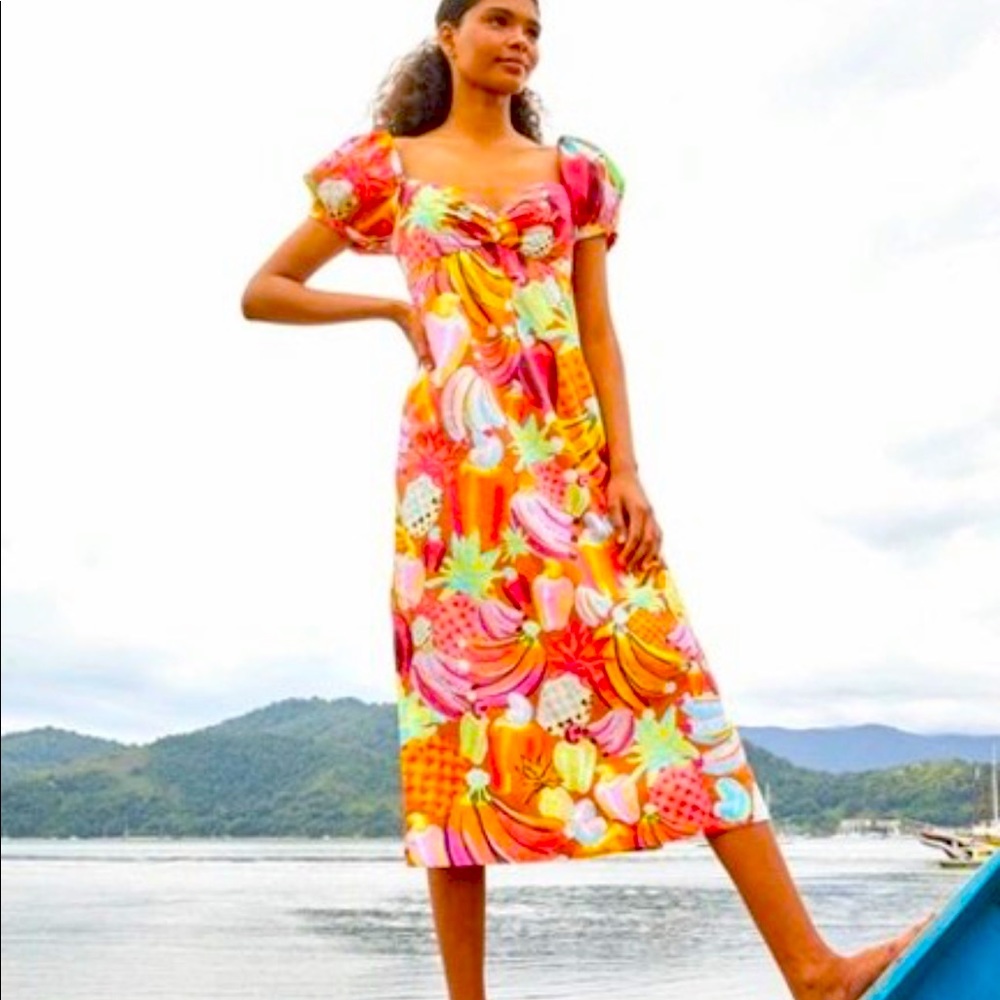 NWT FARM Rio fruit salad maxi/midi dress with puffed sleeves, size XS